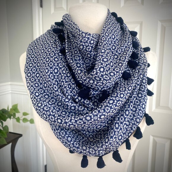 J. Crew Blue and White Geometric Silk Fringed Infinity Scarf - Picture 1 of 4